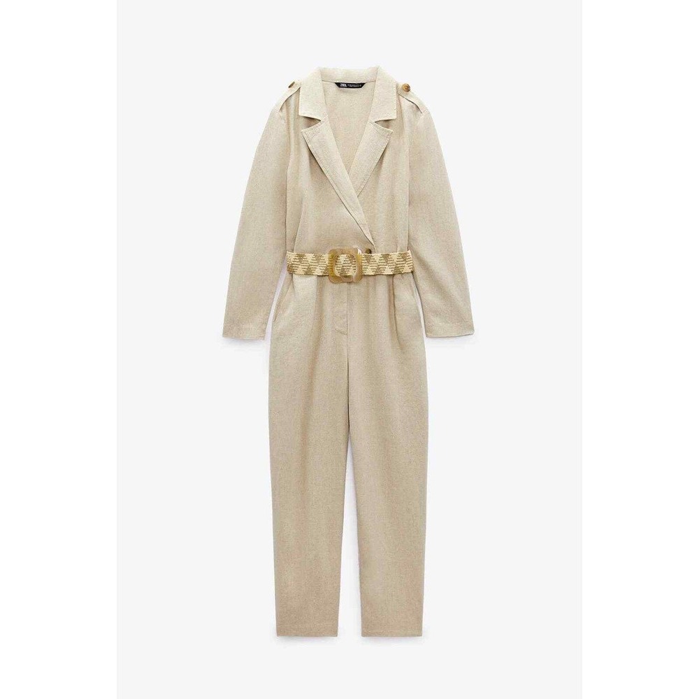 Zara Beige Linen Blend Belted Long Sleeve Jumpsuit One-Piece Utilitarian S